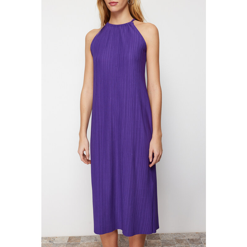 Trendyol Purple Shift/Plain Zero Sleeve Midi Pleated Knitted Dress