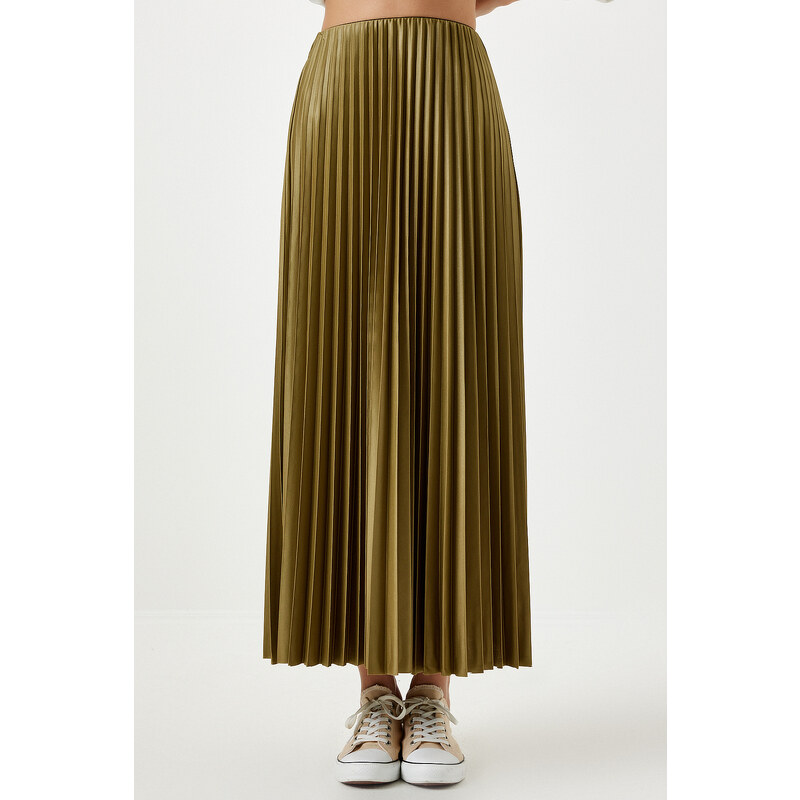 Happiness İstanbul Women's Dark Oil Green Shiny Finish Pleated Knitted Skirt