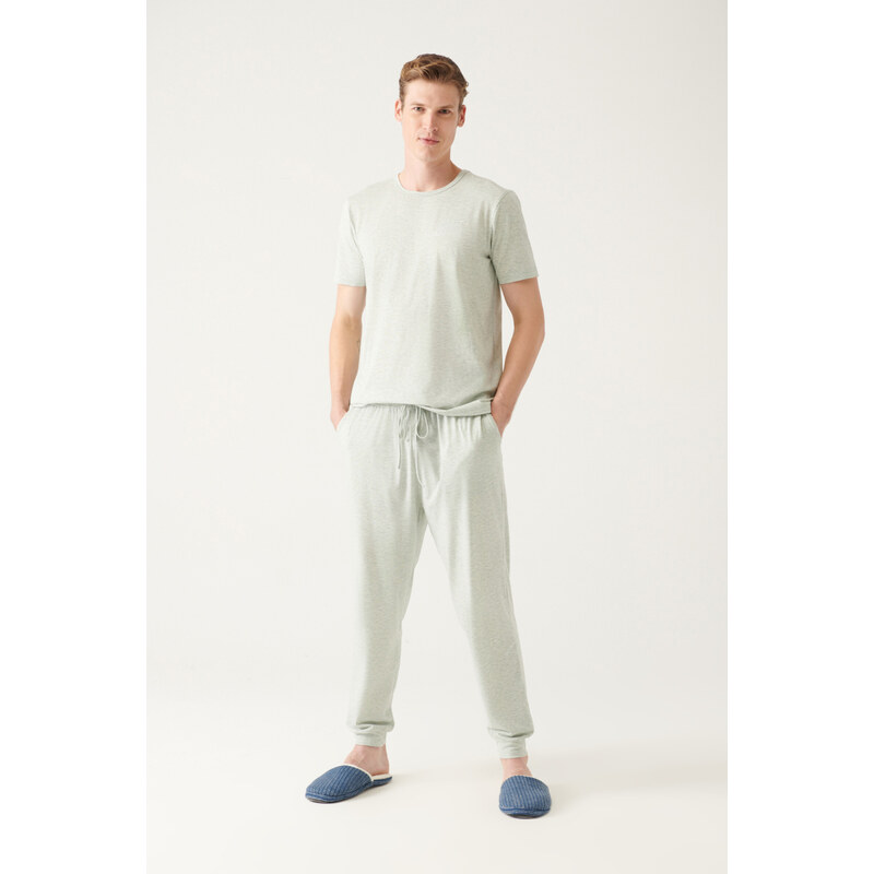 Avva Men's Gray Crew Neck 100% Cotton Long and Short Sleeved 3-piece Pajamas Set with Special Box