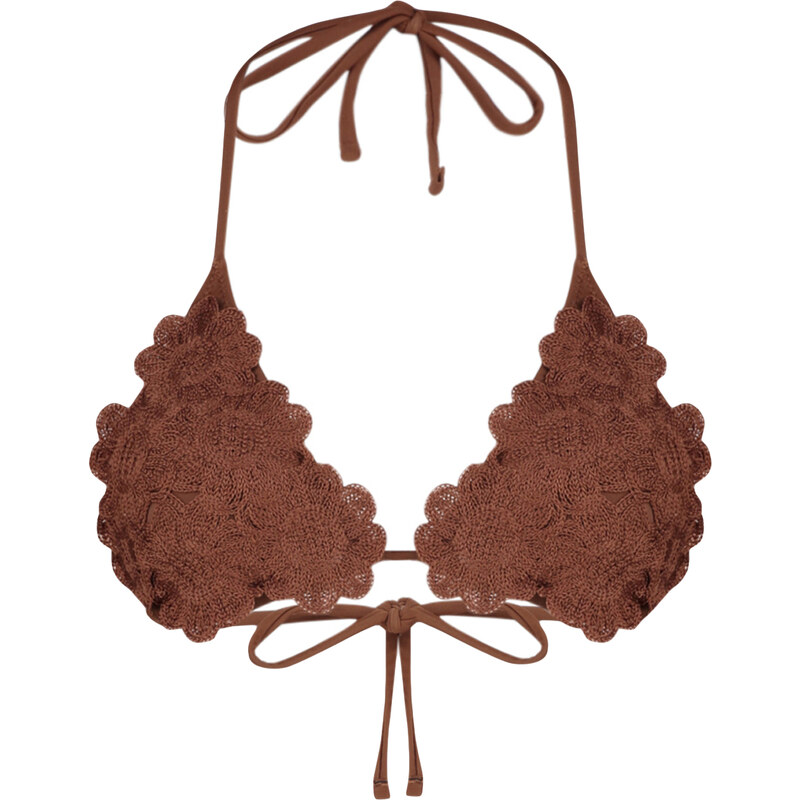 Trendyol Brown Triangle Floral Appliqué Knitwear Bikini Top