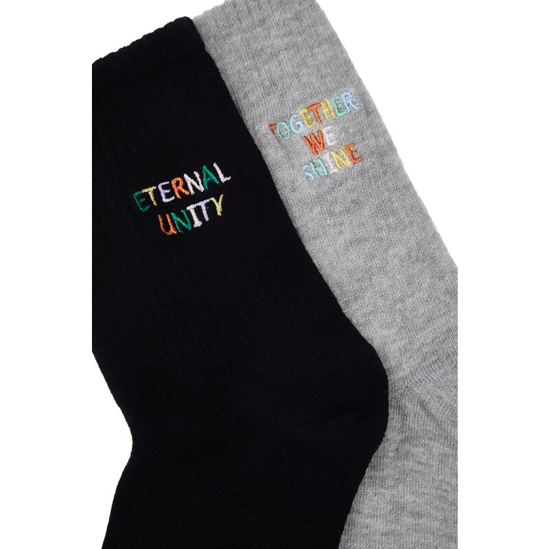 Trendyol Grey-Black 2-Pack Cotton Embroidered Knitted Socks