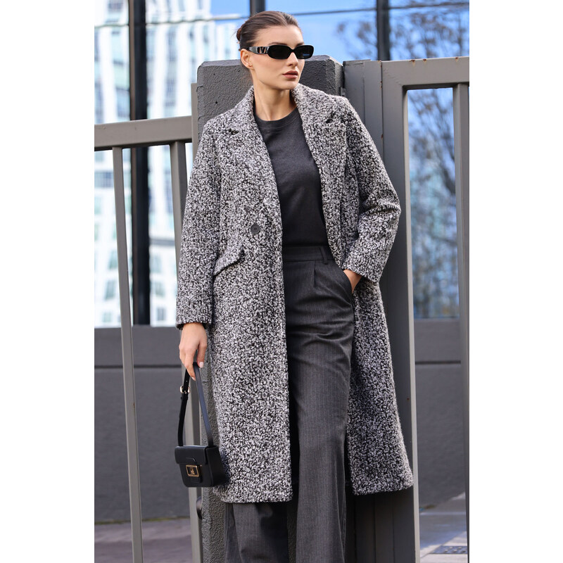 Bigdart Black Oversize Long Boucle Coat 9127