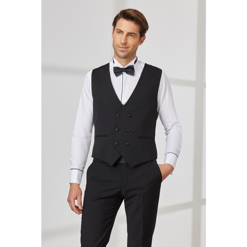 ALTINYILDIZ CLASSICS Men's Black Slim Fit Slim Fit V-neck Patterned Classic Waistcoat.