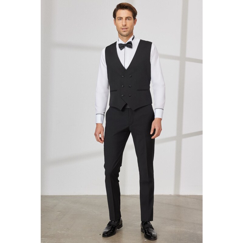 ALTINYILDIZ CLASSICS Men's Black Slim Fit Slim Fit V-neck Patterned Classic Waistcoat.