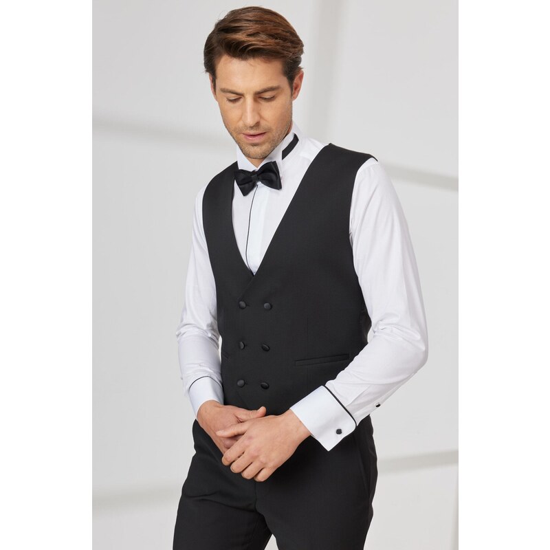 ALTINYILDIZ CLASSICS Men's Black Slim Fit Slim Fit V-neck Patterned Classic Waistcoat.