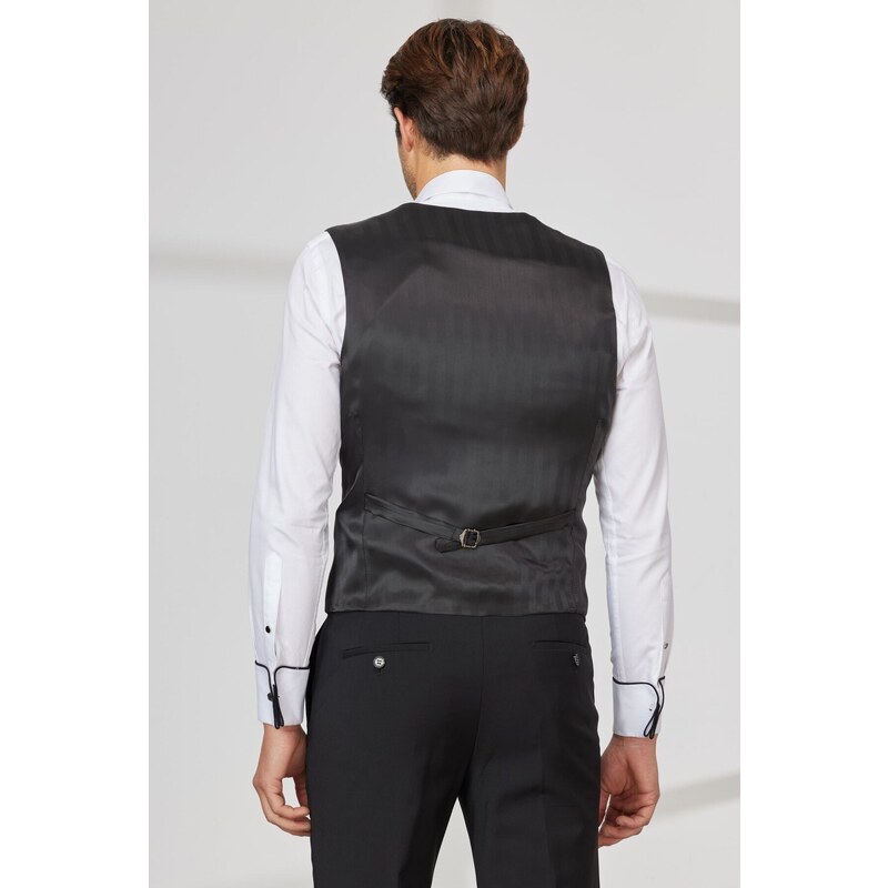 ALTINYILDIZ CLASSICS Men's Black Slim Fit Slim Fit V-neck Patterned Classic Waistcoat.
