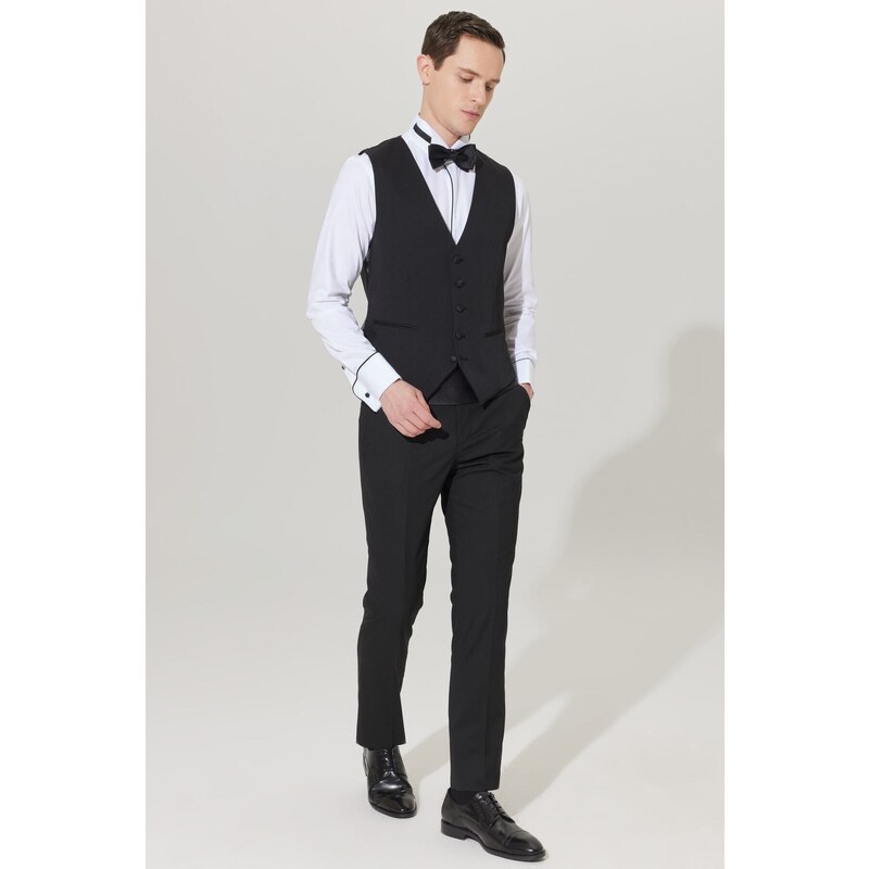 ALTINYILDIZ CLASSICS Men's Black Slim Fit Slim Fit V-neck Patterned Classic Waistcoat.