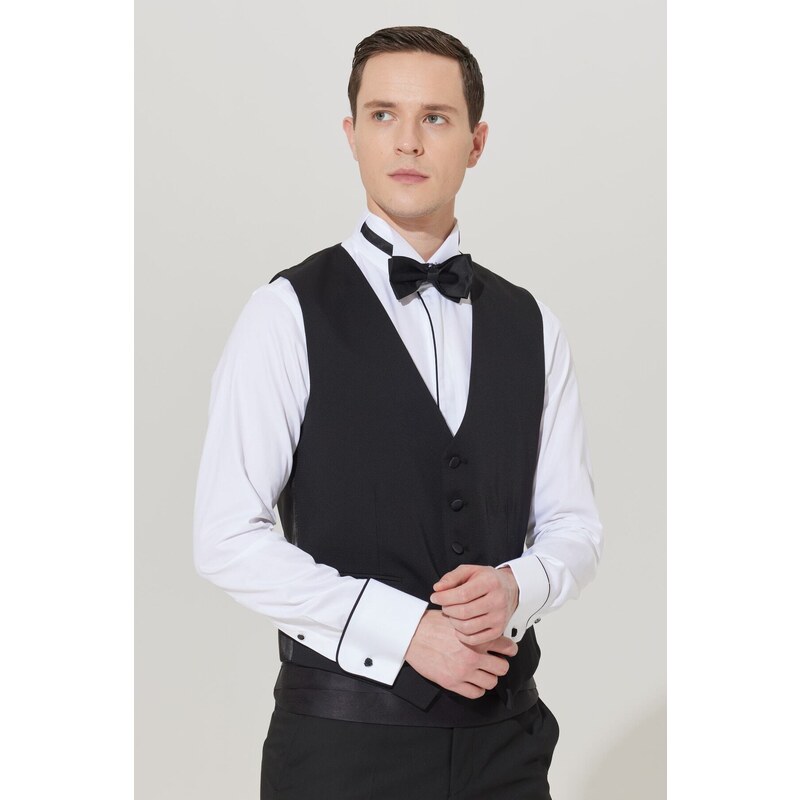 ALTINYILDIZ CLASSICS Men's Black Slim Fit Slim Fit V-neck Patterned Classic Waistcoat.