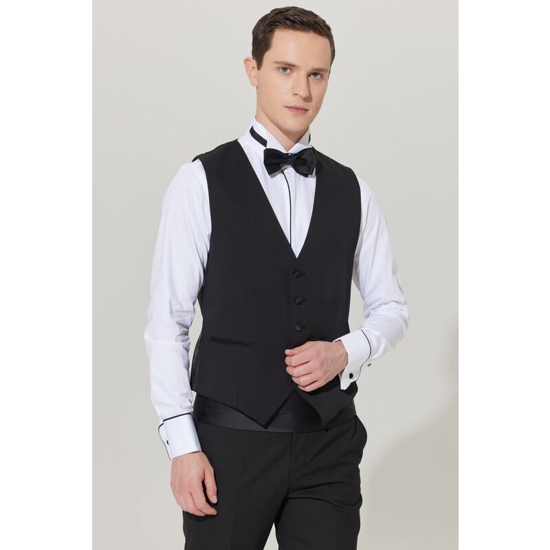 ALTINYILDIZ CLASSICS Men's Black Slim Fit Slim Fit V-neck Patterned Classic Waistcoat.