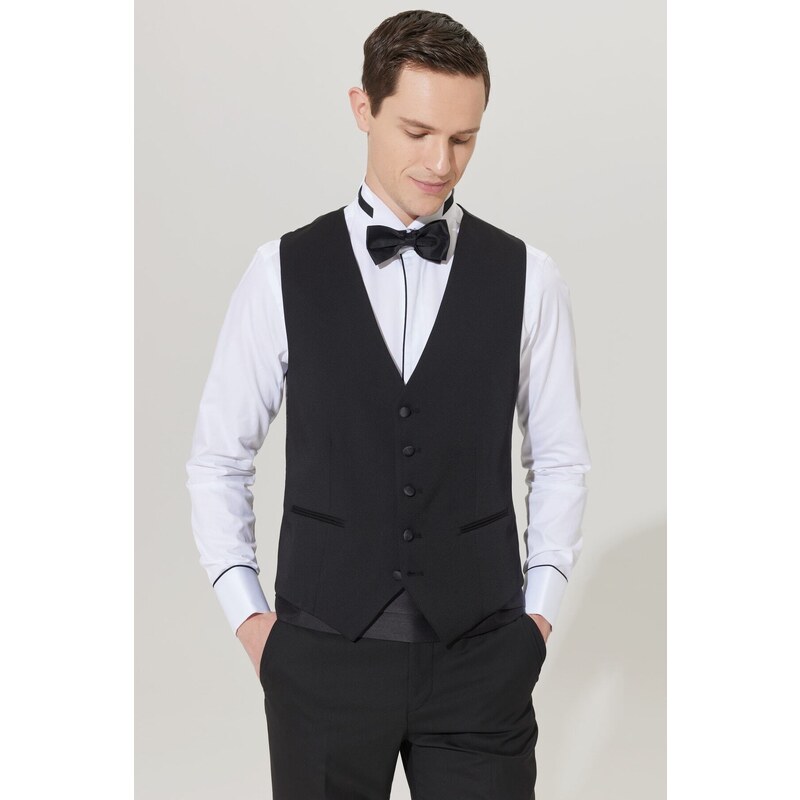 ALTINYILDIZ CLASSICS Men's Black Slim Fit Slim Fit V-neck Patterned Classic Waistcoat.