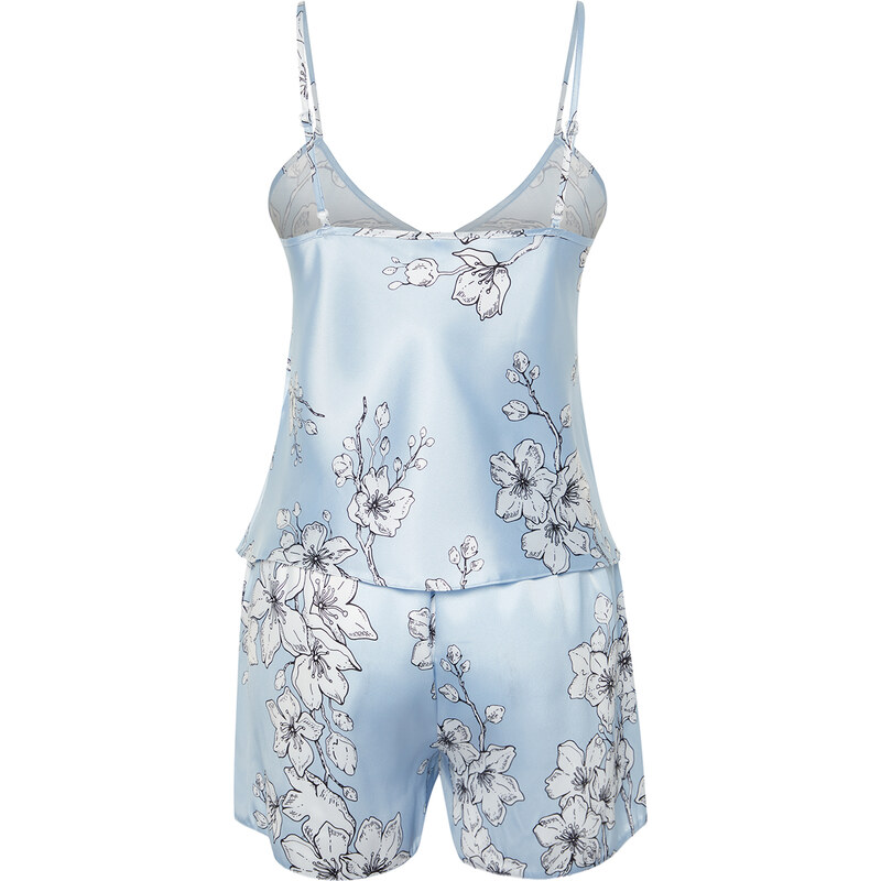 Trendyol Blue-Multicolor Floral Satin Woven Pajamas Set