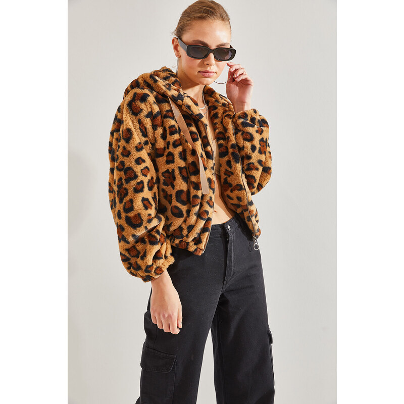 Bianco Lucci Women's Leopard Patterned Zippered Plush Coat