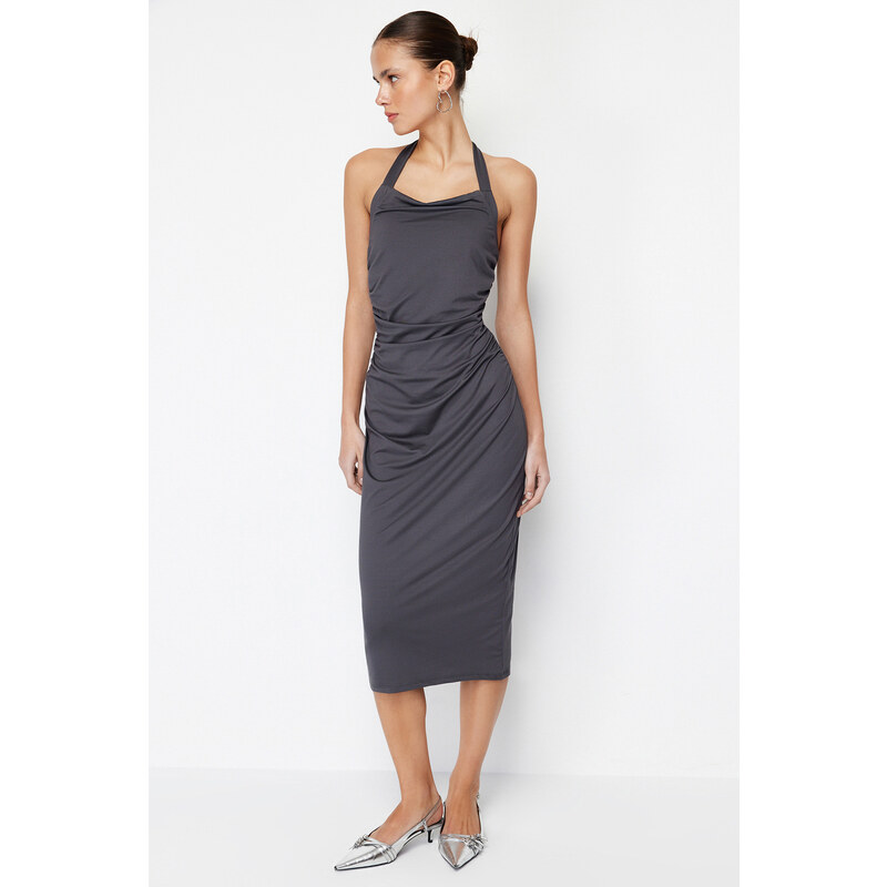 Trendyol Anthracite Elastic Knitted Midi Dress with Slit and Gathered Fitted/Sticky Midi Dress