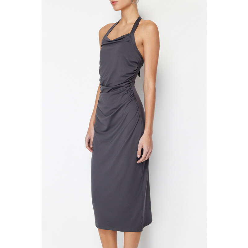 Trendyol Anthracite Elastic Knitted Midi Dress with Slit and Gathered Fitted/Sticky Midi Dress