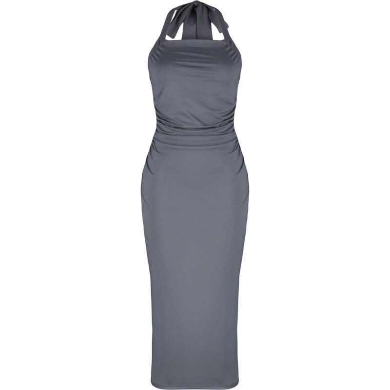 Trendyol Anthracite Elastic Knitted Midi Dress with Slit and Gathered Fitted/Sticky Midi Dress