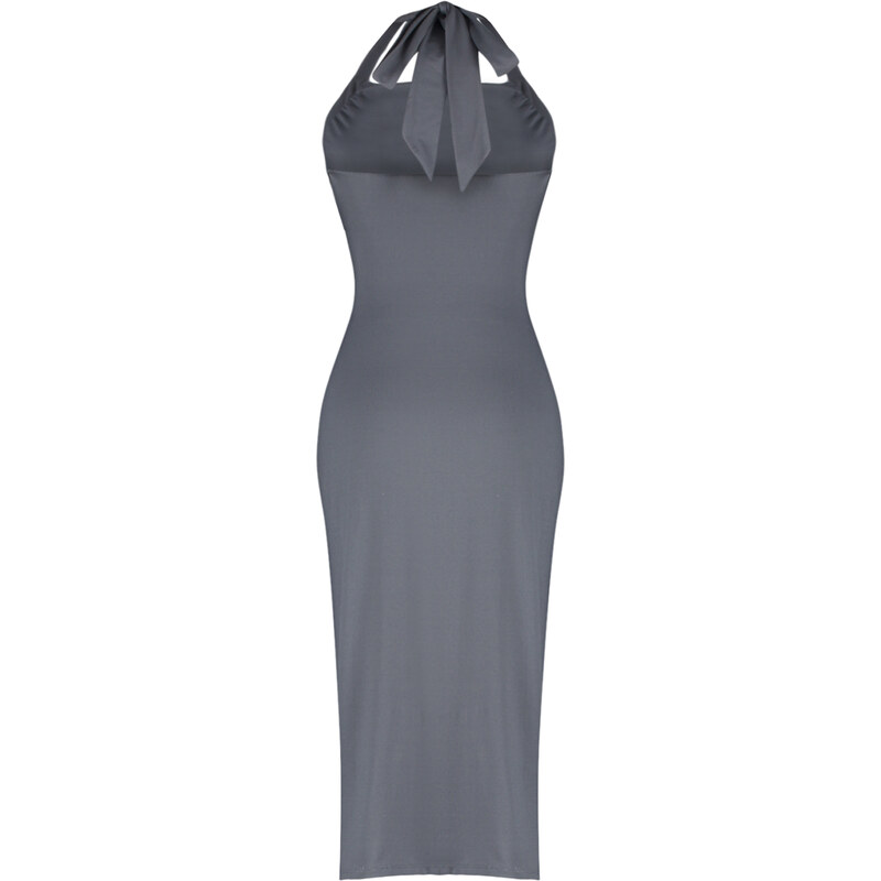 Trendyol Anthracite Elastic Knitted Midi Dress with Slit and Gathered Fitted/Sticky Midi Dress