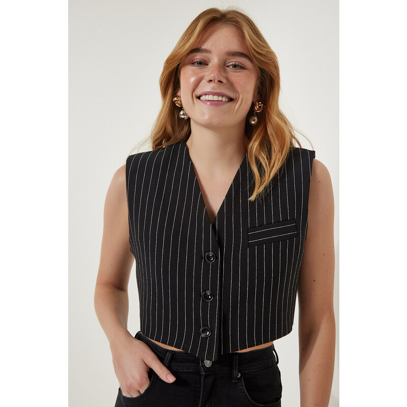 Happiness İstanbul Women's Black Striped Mini Woven Vest