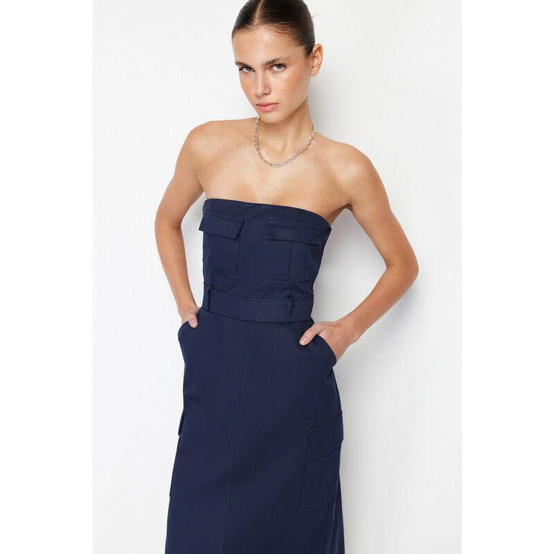 Trendyol Navy Blue Straight Cut Midi Strapless Pocket Detailed Gabardine Woven Dress