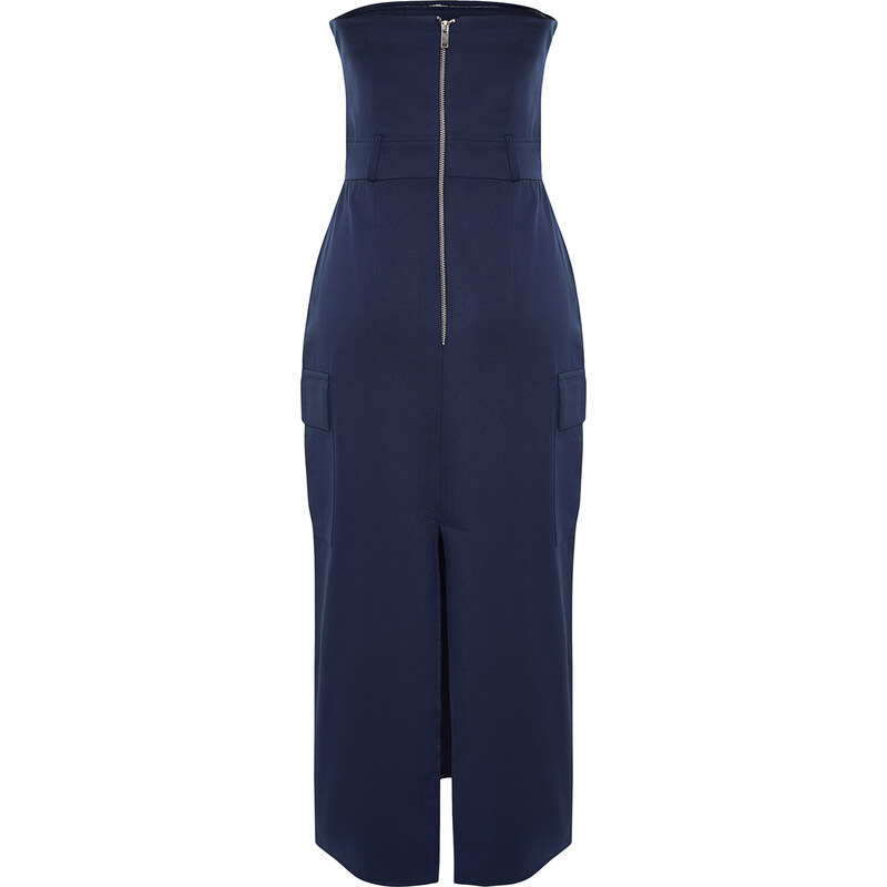 Trendyol Navy Blue Straight Cut Midi Strapless Pocket Detailed Gabardine Woven Dress