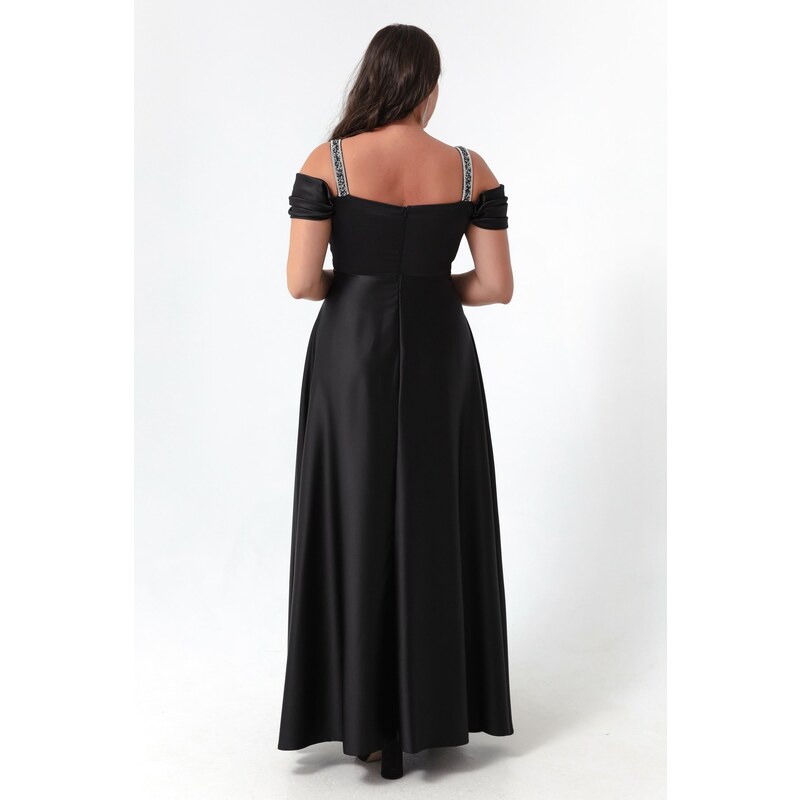 Lafaba Dámské černé kamenné ramínko Přehozené Plus Velikost Dlouhé večerní šaty