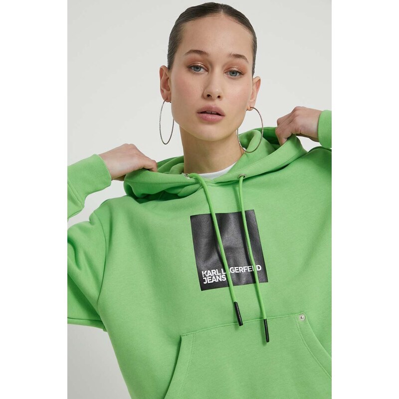 Mikina Karl Lagerfeld Jeans dámská, zelená barva, s kapucí, s potiskem
