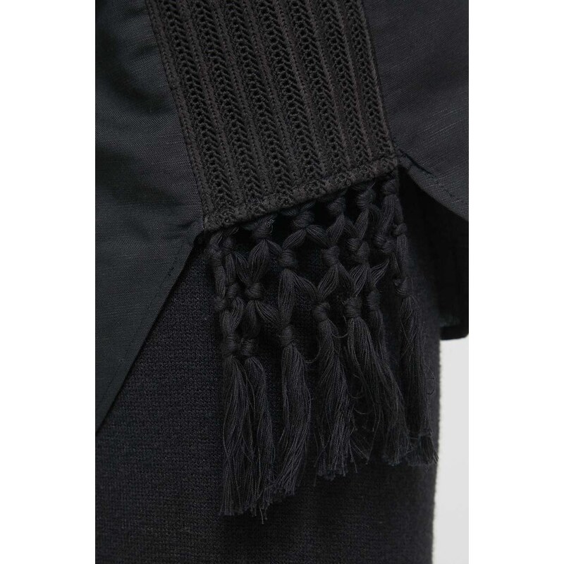 Košile s příměsí lnu Desigual FRINGES černá barva, relaxed, s klasickým límcem, 24SWCW03