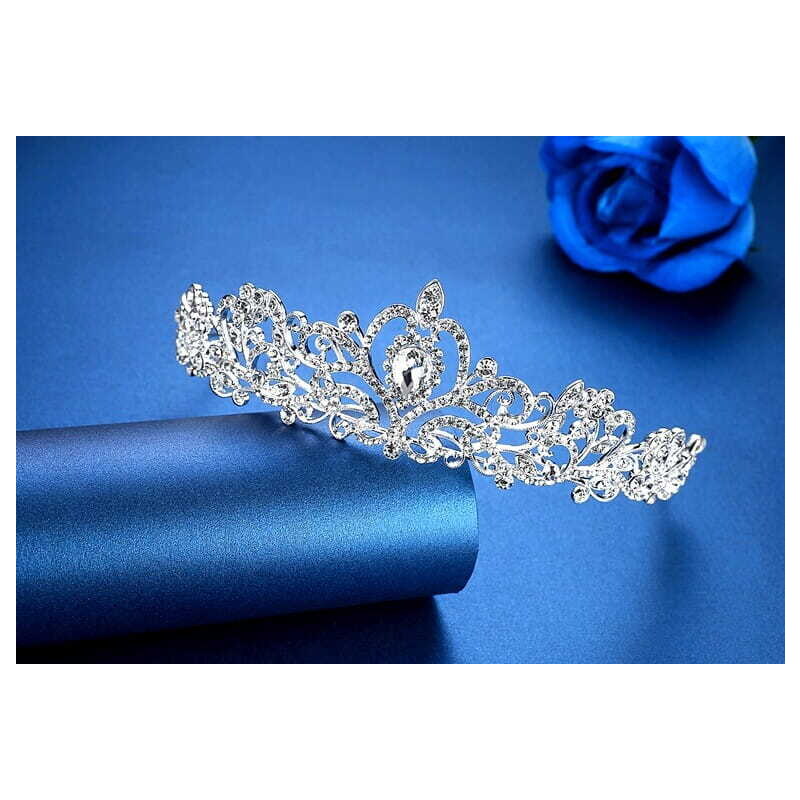 Camerazar Svatební Koruna Tiara Diadém, Stříbrná, Bižuterní Kov s Krystaly, 16x22x4.5 cm