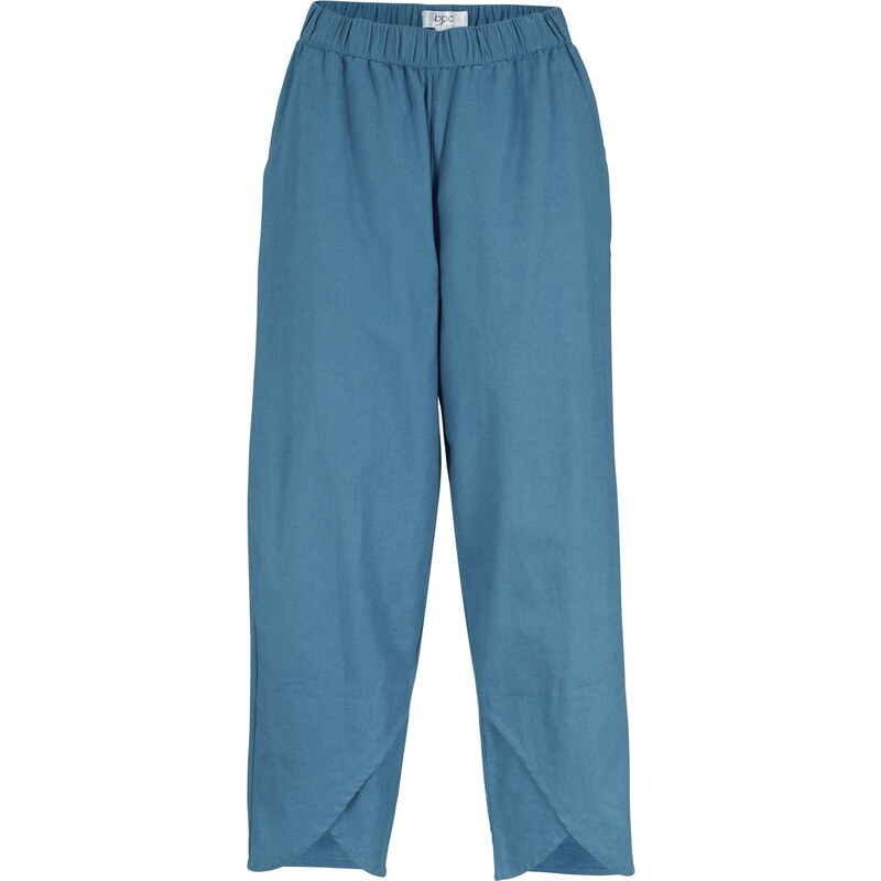 bonprix Lněné kalhoty Loose Fit s pohodlnou pasovkou, délka nad kotníky Modrá
