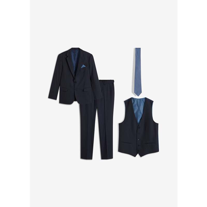 bonprix Oblek (4dílná souprava): sako, kalhoty, vesta, kravata Modrá