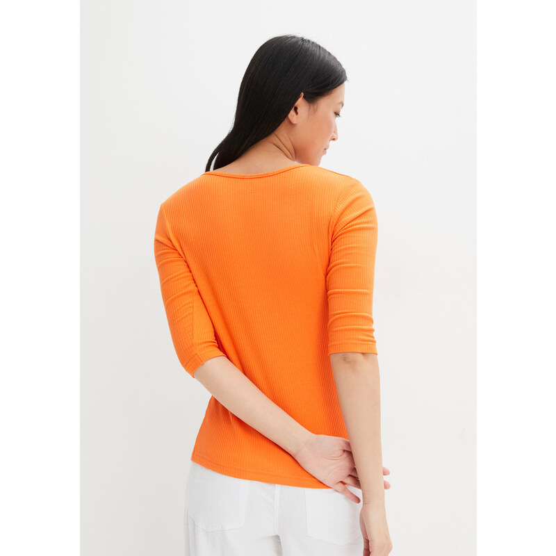 bonprix Žebrované triko s výstřihem do V, krátký rukáv Oranžová