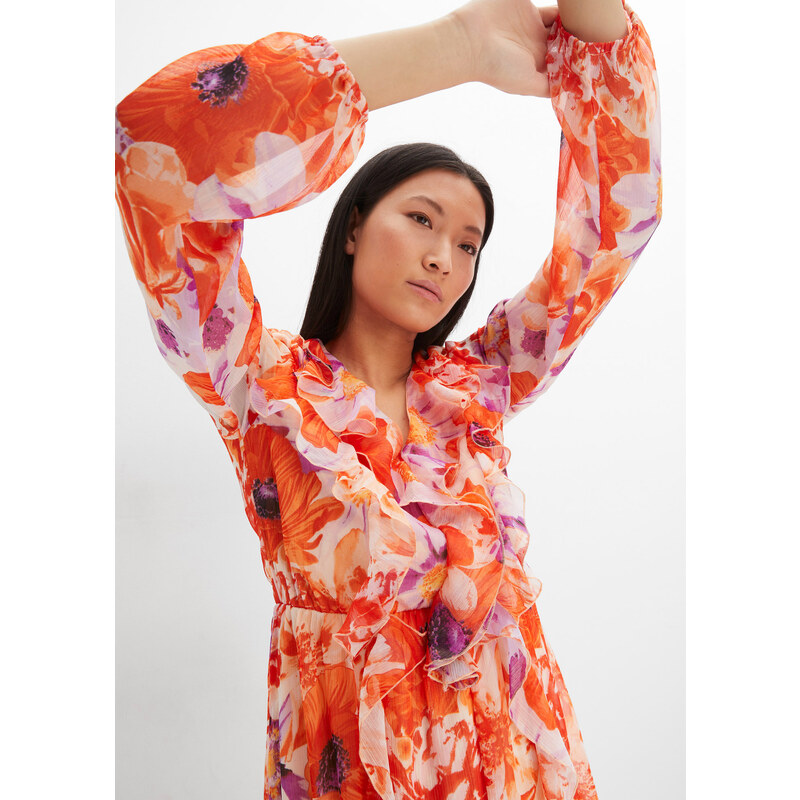 bonprix Šifónové šaty s volány, z recyklovaného polyesteru Oranžová