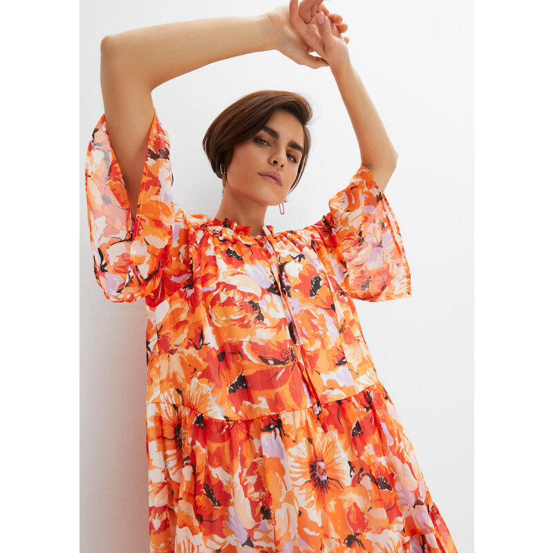 bonprix Šaty s volány, z recyklovaného polyesteru Béžová