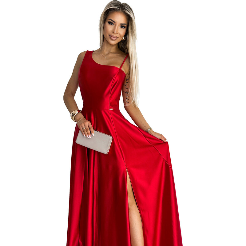 numoco Elegantní dlouhé červené dámské saténové šaty přes jedno rameno 524-1
