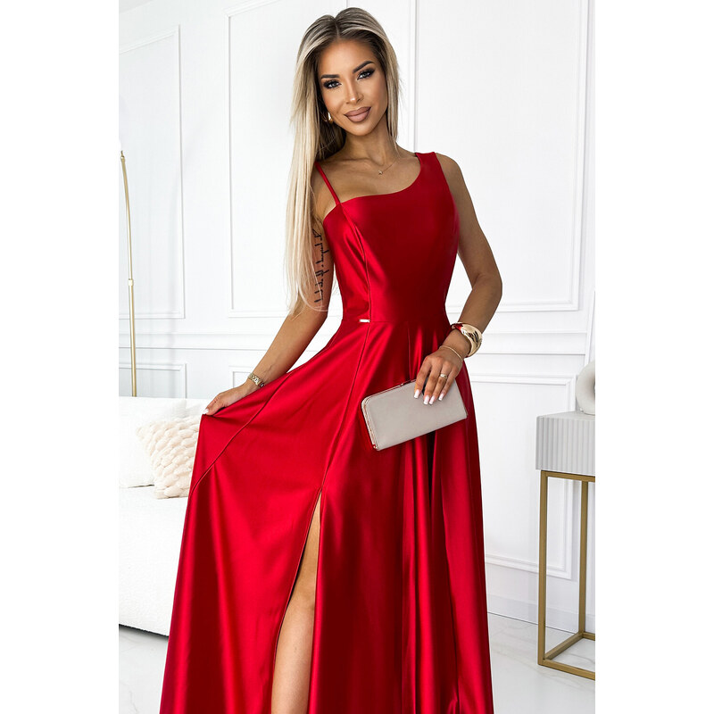 numoco Elegantní dlouhé červené dámské saténové šaty přes jedno rameno 524-1
