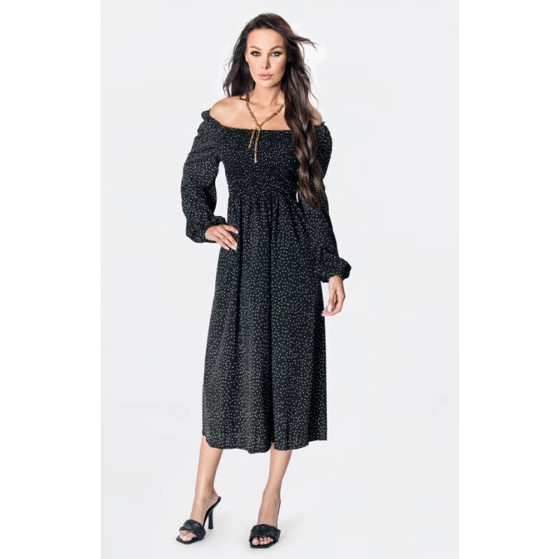 Černé dámské puntíkované šaty ve španělském stylu s dlouhými rukávy Ann Gissy (DLY016)