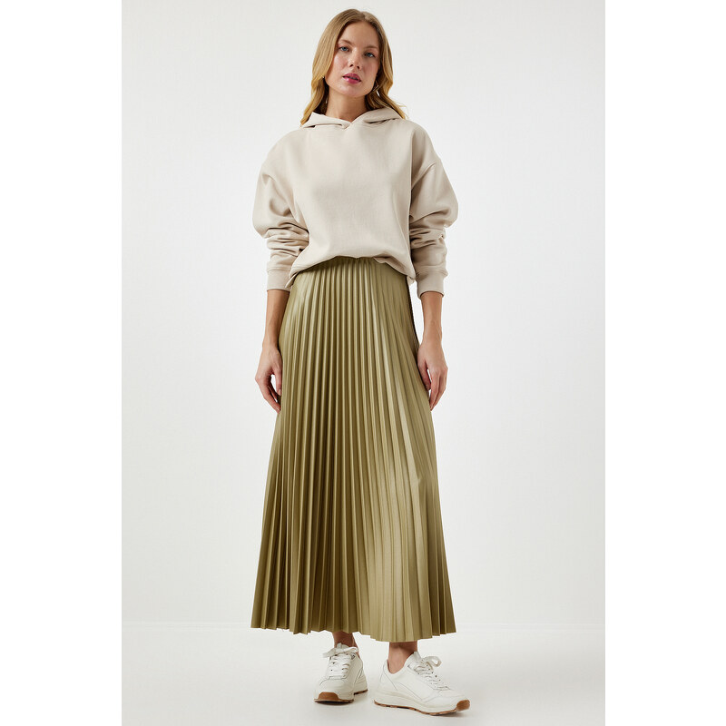 Happiness İstanbul Women's Light Khaki Shiny Finish Pleated Knitted Skirt