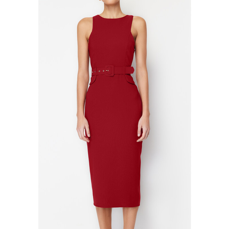 Trendyol Burgundy Belted Woven Midi Dress