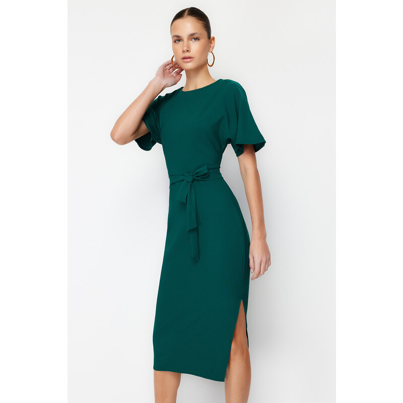 Trendyol Emerald Green Belted Woven Midi Dress
