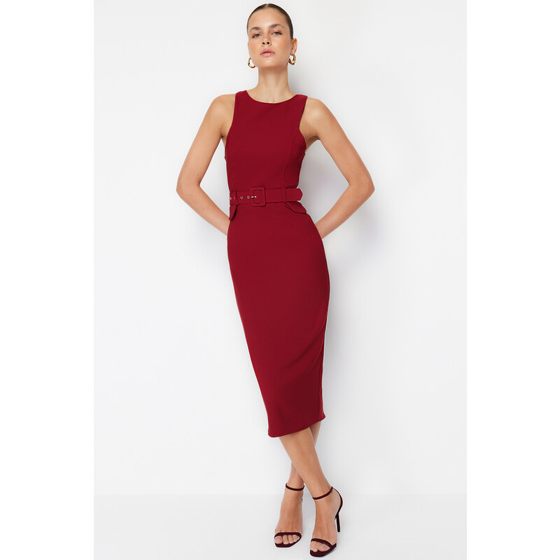 Trendyol Burgundy Belted Woven Midi Dress