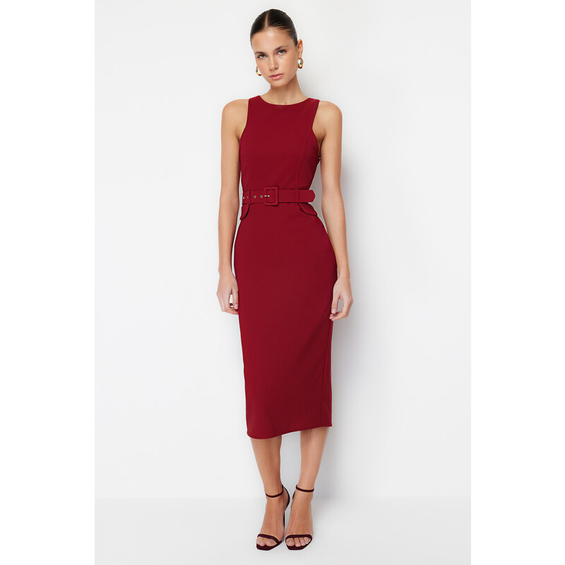 Trendyol Burgundy Belted Woven Midi Dress