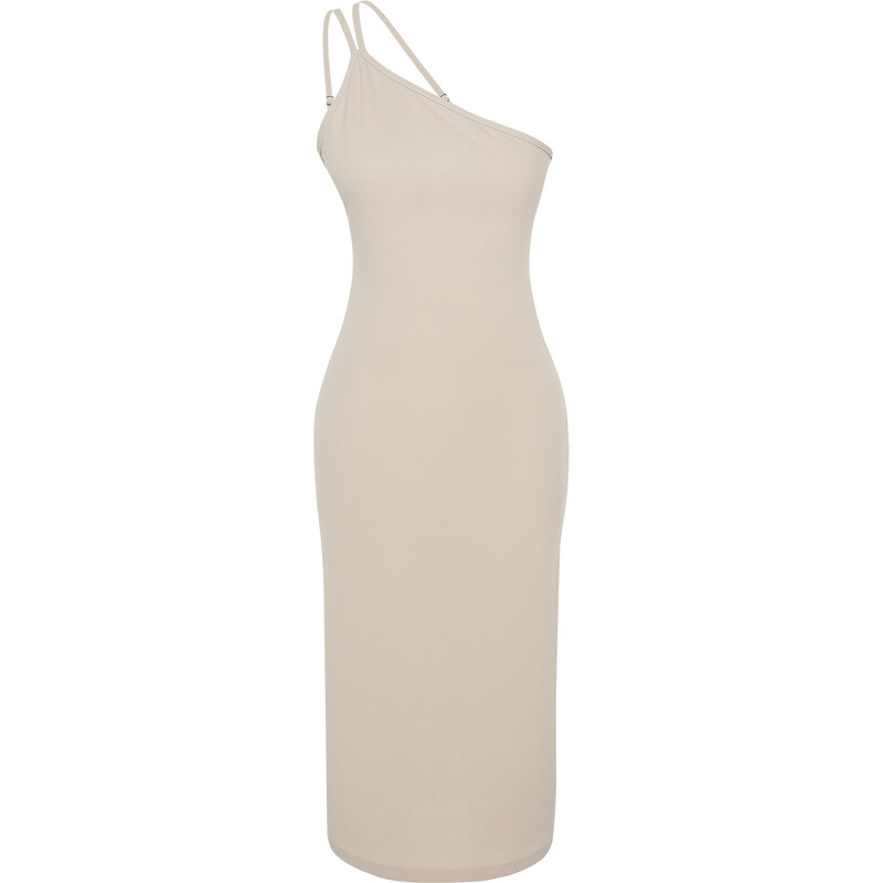 Trendyol Stone Unlined One-Shoulder A-Line/A-Line Form Midi Smart Crepe Strappy Knitted Dress