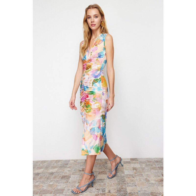 Trendyol Multi Color Printed Fitted/Sticky Gathered Detailed Knitted Midi Dress