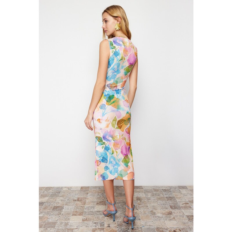 Trendyol Multi Color Printed Fitted/Sticky Gathered Detailed Knitted Midi Dress