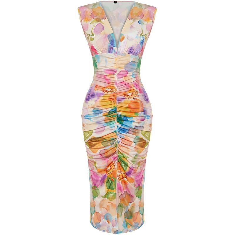 Trendyol Multi Color Printed Fitted/Sticky Gathered Detailed Knitted Midi Dress