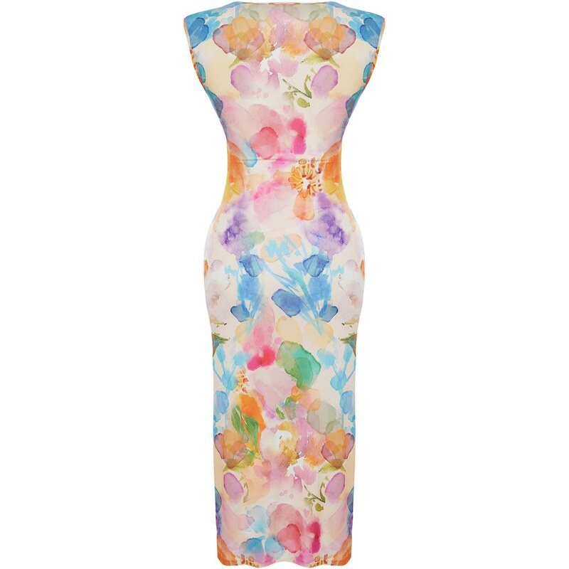 Trendyol Multi Color Printed Fitted/Sticky Gathered Detailed Knitted Midi Dress