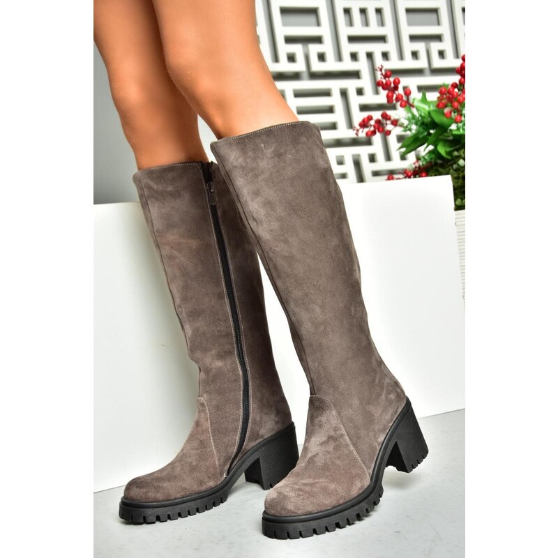 Fox Shoes Smoked Genuine Leather Suede Women's Thick Heeled Boots