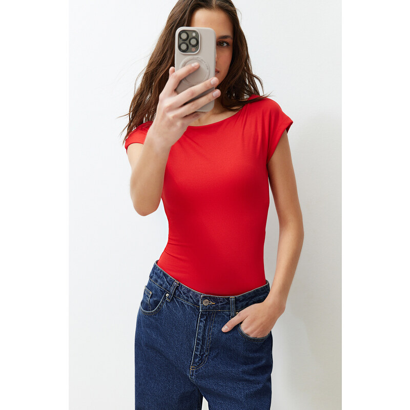 Trendyol Red Fitted Boat Neck Flexible Snaps Knitted Bodysuit