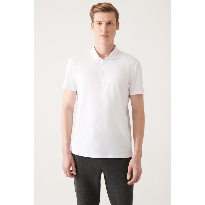 Avva Men's White 100% Cotton Zippered Regular Fit Polo Neck T-shirt