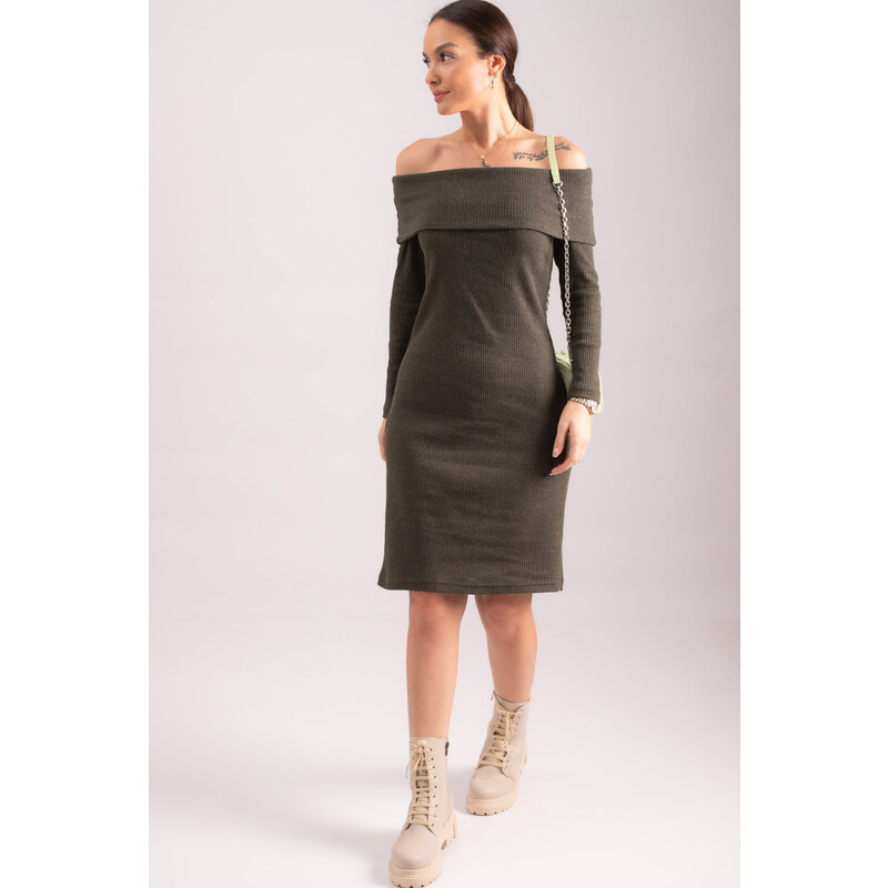 armonika Women's Khaki Madonna Collar Fitted Ribbed Camisole Dress