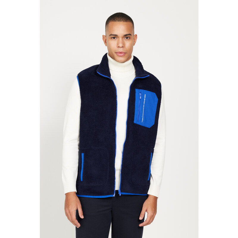 AC&Co / Altınyıldız Classics Men's Navy Blue Standard Fit Normal Fit High Neck Sherpa Fleece Vest